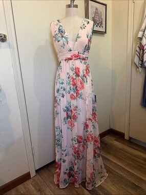 Lulu's Pink Floral V-Neck Maxi Dress with Red & Green Blooms